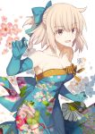  bare_shoulders blonde_hair blue_dress blue_gloves breasts collarbone dress elbow_gloves eyebrows_visible_through_hair fate/grand_order fate_(series) floral_background floral_print flower formal gloves hair_ribbon highres koha-ace looking_at_viewer medium_breasts nikame okita_souji_(fate) okita_souji_(fate)_(all) open_mouth ribbon short_hair signature smile solo yellow_eyes 