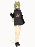  ahoge animal_ears arm_at_side bangs bare_legs black_dress black_footwear blush closed_mouth dress full_body green_eyes green_hair jewelry long_hair long_sleeves looking_at_viewer manio necklace original paw_background paw_print shiny shiny_hair shoes sleeves_past_wrists smile solo standing straight_hair sweater sweater_dress tareme thick_eyebrows very_long_hair white_background 