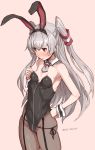  amatsukaze_(kantai_collection) animal_ears bad_anatomy black_leotard blush breasts brown_eyes bunny_ears bunnysuit detached_collar fake_animal_ears fishnet_pantyhose fishnets hair_tubes highres kantai_collection leotard long_hair open_mouth pantyhose pink_background silver_hair simple_background small_breasts solo takanashi_kei_(hitsujikan) twitter_username two_side_up windsock wrist_cuffs 