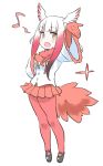  bangs breasts brown_eyes eighth_note eyebrows_visible_through_hair frilled_sleeves frills gradient_hair hand_on_own_chest hand_up highres japanese_crested_ibis_(kemono_friends) kemono_friends mary_janes multicolored_hair musical_note neck_ribbon open_mouth red_legwear red_skin red_skirt ribbon sandstar shirt shoes simple_background skirt small_breasts spoken_musical_note tail white_background white_shirt zk_(zk_gundan) 