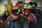  angus_(nitw) anthro avian balls bear bird canine clothing erection erection_under_clothes fox germ_(nitw) gregg_(nitw) humanoid_penis hyper hyper_penis male male/male mammal night_in_the_woods penis somevelvetmorning 