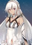  altera_(fate) bare_shoulders breasts collarbone covered_navel dark_skin detached_sleeves diagonal-striped_background diagonal_stripes dress fate/extella fate/extra fate_(series) highres long_sleeves nikame short_hair small_breasts solo striped striped_background veil white_dress white_hair 
