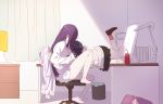  2girls bathrobe black_hair black_skirt book brown_footwear chair chest_of_drawers commentary computer curtains desk head_in_chest image_sample lamp lampshade legs light long_hair monitor multiple_girls on_chair purple_eyes purple_hair shinjou_akane shinjou_akane_(real) shirt short_hair sitting sitting_on_object skirt spoilers ssss.gridman takarada_rikka thighs through_screen trash_can twitter_sample usamin_(artist) wall white_shirt yellow_buttons 