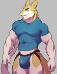  2017 abs anthro biceps black_eyebrows blue_bottomwear blue_clothing blue_shirt blue_topwear blue_underwear bulge claws clothed clothing digital_media_(artwork) eyebrows front_view fur grey_background hi_res jockstrap kale_killebrew knuxlight looking_at_viewer male mammal multicolored_fur multicolored_tail muscular muscular_male pecs pepsi_(fa) portrait sergal shirt simple_background smile smirk solo standing tail_tuft tan_fur tan_tail three-quarter_portrait tuft two_tone_fur two_tone_tail underwear white_claws white_fur white_tail 