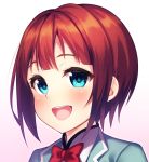 :d bangs blue_eyes blush bow bowtie close-up face gradient gradient_background highlights highres kousaka_yukiho kyouou_ena looking_at_viewer love_live! love_live!_school_idol_project multicolored_hair open_mouth pink_background red_bow red_hair red_neckwear round_teeth short_hair smile solo tareme teeth upper_body 