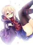  :o ahoge artoria_pendragon_(all) ass black-framed_eyewear black_footwear black_legwear blonde_hair blue_skirt blush boots buckle coat commentary_request duffel_coat fate/grand_order fate_(series) feet_out_of_frame fringe_trim glasses knee_boots legs_up long_sleeves looking_at_viewer mysterious_heroine_x_(alter) open_clothes open_coat parted_lips petals plaid plaid_scarf purple_coat red_scarf scarf shiny shiny_hair shirogane_hina short_hair simple_background skirt solo tareme thighhighs thighs white_background yellow_background 