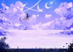  bicycle bird blue cloud cloudy_sky commentary crescent_moon flying ground_vehicle larienne monochrome moon night night_sky original outdoors purple riding scenery silhouette sky star_(sky) starry_moon starry_sky 