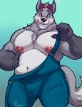  2017 anthro belly big_belly blue_eyes bulge canine cute fur looking_at_viewer male mammal marlon.cores musclegut muscular muscular_male nipples pecs simple_background solo standing 