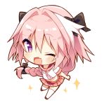  astolfo_(fate) black_bow black_ribbon bow braid chibi commentary_request fang fate/apocrypha fate/grand_order fate_(series) hair_intakes hair_ribbon highres male_focus multicolored_hair natsuki_marina otoko_no_ko pink_hair purple_eyes red_sailor_collar ribbon sailor_collar school_uniform serafuku single_braid skirt streaked_hair 