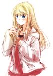  blonde_hair blue_eyes blush commentary_request earrings eyebrows_visible_through_hair fullmetal_alchemist hair_between_eyes hood hoodie jewelry long_hair long_sleeves red_shirt shirt simple_background sketch smile solo tsukuda0310 white_background white_hoodie winry_rockbell 