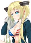  absurdres albacore_(zhan_jian_shao_nyu) american_flag_bikini bikini blonde_hair blue_eyes breasts closed_mouth collarbone eyebrows_visible_through_hair flag_print gradient_hair green_hair headgear highres hood hoodie large_breasts long_hair looking_at_viewer multicolored_hair nanase_rin_(8021582) navel open_clothes open_hoodie simple_background solo swimsuit towel twintails very_long_hair white_background zhan_jian_shao_nyu 