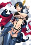  armor bikini bikini_armor bikini_top black_bikini_top black_hair breasts capelet commentary_request curly_hair fur_collar grey_eyes headpiece holding holding_weapon large_breasts lips long_hair looking_at_viewer navel solo swimsuit very_long_hair weapon yukiyanagi 