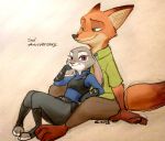  2018 anthro barefoot canine clothed clothing disney duo ears_down female fox fully_clothed fur gradient_background green_eyes judy_hopps lagomorph larger_male looking_at_viewer male mammal mortic_ox nick_wilde police_uniform purple_eyes rabbit simple_background size_difference smaller_female smile tan_background uniform zootopia 