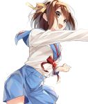  :d blue_sailor_collar blue_skirt blush bow brown_eyes brown_hair buckle clenched_hand cowboy_shot eyebrows_visible_through_hair from_below hair_ribbon hairband k-me kita_high_school_uniform leaning_forward long_sleeves open_mouth outstretched_arm red_bow ribbon sailor_collar school_uniform serafuku shirt short_hair simple_background skirt smile solo standing suzumiya_haruhi suzumiya_haruhi_no_yuuutsu tareme white_background white_shirt yellow_hairband yellow_ribbon 