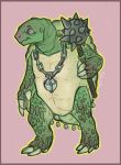  anthro claws dungeons_&amp;_dragons holding_object holding_weapon jewelry mace melee_weapon mostly_nude necklace pendant petalshell pink_background rabid-dragoness reptile scalie simple_background solo tortle turtle weapon 