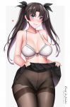  alternate_breast_size bangs black_bow black_legwear black_skirt blue_eyes blush bow bra breasts brown_hair closed_mouth collarbone commentary_request fate/grand_order fate/stay_night fate_(series) gusset hanada_yanochi heart large_breasts long_hair looking_at_viewer older panties panties_under_pantyhose pantyhose parted_bangs skirt skirt_lift smile standing sweatdrop thighband_pantyhose toosaka_rin twintails underwear white_bra 