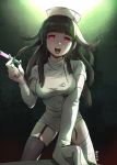  alternate_costume bandaged_arm bandaged_leg bandages bangs blunt_bangs brown_hair commentary_request danganronpa danganronpa_3 garter_straps highres long_hair mole mole_under_eye nurse qosic red_eyes signature skirt solo super_danganronpa_2 tsumiki_mikan 