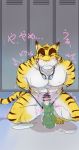  anthro balls clothing disembodied_foot eyes_closed feline foot_fetish footjob locker_room male mammal morenatsu penis rotton sex speedo swimsuit tiger torahiko_(morenatsu) 