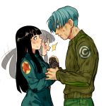  1girl :o black_eyes black_hair blue_eyes blue_hair blush capsule_corp coat couple dirty dirty_clothes dirty_face dragon_ball dragon_ball_super embarrassed expressionless eye_contact eyebrows_visible_through_hair gloves green_shirt hands_together hetero holding_hands long_hair long_sleeves looking_at_another mai_(dragon_ball) pants shirt short_hair spacey standing surprised sweat sweatdrop transparent_background trunks_(dragon_ball) 
