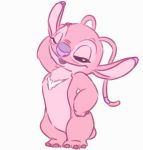  2015 alien angel_(lilo_and_stitch) antennae chest_markings disney experiment_(species) female hand_on_hip kurokuma824 lilo_and_stitch markings one_eye_closed open_mouth open_smile pink_body pose purple_nose simple_background small_tail smile solo standing white_background wink 