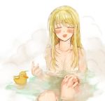  bathing blonde_hair breasts cleavage closed_eyes collarbone commentary_request fullmetal_alchemist hand_on_own_knee long_hair medium_breasts nude open_mouth outstretched_hand partially_submerged rubber_duck solo steam tsukuda0310 tsurime water wet wet_hair winry_rockbell 