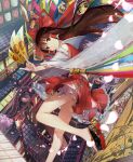  architecture bad_id bad_pixiv_id bell bow bridge brown_eyes brown_hair cherry_blossoms commentary_request derivative_work detached_sleeves dl4544 east_asian_architecture floral_print foot_out_of_frame frilled_hair_tubes gohei hair_bow hair_tubes hakurei_reimu highres holding jingle_bell kirisame_marisa lantern layered_skirt long_hair looking_at_viewer midriff ofuda petals pillar red_bow red_shirt red_skirt ribbon rooftop sandals shirt skirt smile solo stairs torii touhou window 