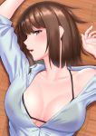  bare_shoulders black_bra bra breasts brown_eyes brown_hair collarbone commentary_request highres large_breasts long_sleeves looking_at_viewer lying mizuse_kouichi on_back open_clothes original shirt short_hair solo underwear upper_body white_shirt 