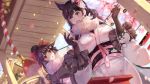  :d :o animal animal_ears atago_(azur_lane) azur_lane bag blue_eyes blue_sky blunt_ends blurry blush bow breasts cherry_blossoms day depth_of_field dog elbow_gloves eyebrows_visible_through_hair flower frilled_sleeves frills fur_collar gloves hair_bow hair_flaps hair_flower hair_ornament high_ponytail highres holding husky in_bag in_container japanese_clothes kimono lantern large_breasts long_sleeves multiple_girls obi open_mouth outdoors paper_lantern petals pink_ribbon puppy red_bow red_hair ribbon rope sash shan-n shimenawa sky smile spring_(season) takao_(azur_lane) tareme two-handed underbust upper_body white_kimono wide_sleeves 