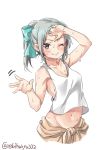  ;) aqua_bow arm_up armpits blush bow breasts cleavage closed_mouth collarbone ebifurya green_bow grey_hair hair_bow hand_on_forehead highres jumpsuit kantai_collection lips looking_at_viewer navel one_eye_closed ponytail short_hair sidelocks simple_background small_breasts smile solo stomach sweat tank_top twitter_username undershirt upper_body waving wet white_background yuubari_(kantai_collection) 
