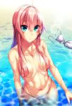  ahoge aqua_eyes bikini bikini_top_removed blush breasts collarbone cowboy_shot dosu_(doseven) hair_censor hair_over_breasts highres long_hair looking_at_viewer medium_breasts moe2018 navel original pink_hair solo standing swimsuit topless wading water wet white_bikini 