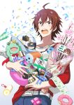  absurdres ahoge amagase_touma ball belt bouquet box brown_hair carrying cherry_blossoms commentary_request confetti cookie flower food gift gift_box happy_birthday highres idolmaster idolmaster_side-m jewelry kaerre keychain long_sleeves maji_(eau-fumeuse0207) male_focus mitarai_shouta money necklace nyako_(idolmaster) party_popper red_shirt shirt soccer_ball solo stuffed_toy taiko_no_tatsujin wada_katsu 