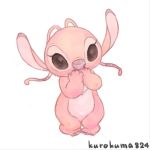  2016 4_fingers 4_toes alien angel_(lilo_and_stitch) antennae chest_markings covering_mouth cute disney experiment_(species) eyelashes kurokuma824 lilo_and_stitch markings no_sclera pink_body pink_nose simple_background solo toes white_background 