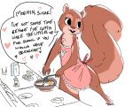  &lt;3 anthro apron blush breakfast buckteeth chest_tuft clothing dialogue egg english_text female frying_pan kitchen looking_aside mammal naked_apron nobby_(artist) rodent smile solo squirrel teeth text tuft 