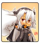  admiral_(kantai_collection) artist_name black_gloves chibi commentary_request fist_bump glasses gloves highres kantai_collection long_hair minigirl musashi_(kantai_collection) open_mouth partly_fingerless_gloves red_eyes remodel_(kantai_collection) short_sleeves smile taisa_(kari) white_hair 
