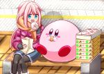  absurdres artist_request baozi black_legwear blush commentary_request crossover eating eyebrows_visible_through_hair food hair_between_eyes highres kagamihara_nadeshiko kirby kirby_(series) long_hair long_sleeves open_mouth pantyhose pink_hair scarf sitting trait_connection yurucamp 