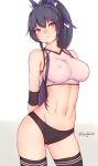  arms_behind_back ass_visible_through_thighs bare_shoulders black_hair black_legwear bluefield blush breasts collarbone covered_nipples eyebrows_visible_through_hair hair_ornament highres honda_futayo kyoukaisenjou_no_horizon large_breasts long_hair midriff navel ponytail purple_eyes shirt sleeveless sleeveless_shirt solo standing sweat thighhighs twitter_username 