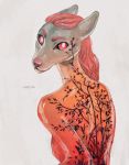  anthro breasts canine dog female fur grey_fur hair hriscia looking_at_viewer looking_back mammal nude painted_skin red_eyes red_hair side_boob simple_background solo tree whiskers 