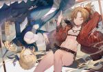  artoria_pendragon_(all) blonde_hair blue_dress clock clock_tower collaboration commentary_request denim denim_shorts dress excalibur fate/apocrypha fate/grand_order fate/stay_night fate_(series) green_eyes hong jacket kawacy middle_finger midriff mordred_(fate) mordred_(fate)_(all) multiple_girls navel saber short_shorts shorts stomach sword tower weapon 