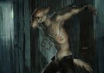  anthro blood bound canine cheek_tuft clothed clothing fur grey_eyes handcuffs hriscia looking_at_viewer male mammal neck_tuft panting pants_unbuttoned pubes raining shackles slim solo tan_fur topless tuft whiskers wolf 