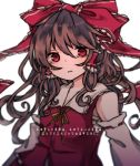  blurry_foreground brown_hair buttons collar collarbone collared_shirt commentary_request crying crying_with_eyes_open detached_sleeves frilled_collar frilled_hair_tubes frilled_ribbon frills hair_ribbon hair_tubes hakurei_reimu long_hair looking_at_viewer neck_ribbon open_mouth red_eyes red_ribbon red_shirt ribbon sarashi sato_imo shirt solo teardrop tearing_up tears touhou translation_request v-neck white_background 