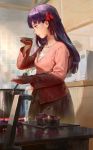  bow casual collarbone cooking dish dutch_angle fate/stay_night fate_(series) hair_bow highres indoors jeanex kitchen long_hair matou_sakura microwave mole mole_under_eye pot profile purple_hair saucer solo steam stove 