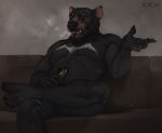  2018 5_fingers anthro black_fur black_nose detailed_background digital_media_(artwork) fur honovy inside male mammal marsupial sitting sofa solo tasmanian_devil 