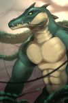  2018 anthro branch convenient_censorship crocodile crocodilian green_eyes green_skin khatmedic male muscular muscular_male nipples nude reptile scalie sean_kelley simple_background solo spines standing teeth vines 