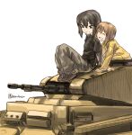  artist_name bangs black_footwear black_shirt brown_eyes brown_hair brown_pants closed_eyes closed_mouth girls_und_panzer grin ground_vehicle long_sleeves military military_vehicle motor_vehicle multiple_girls nishizumi_maho nishizumi_miho pants panzerkampfwagen_ii shirt shoes short_hair short_over_long_sleeves short_sleeves siblings signature simple_background sisters sitting smile sneakers tank tora_jun twitter_username white_background yellow_shirt younger 