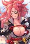  966 amputee baiken big_hair breasts cherry_blossoms cleavage commentary_request eyepatch facial_tattoo guilty_gear guilty_gear_xrd highres japanese_clothes kataginu katana kimono large_breasts messy_hair obi one-eyed open_clothes open_kimono pink_hair sash scar scar_across_eye sheath solo sword tattoo weapon 