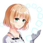  bangs blonde_hair blunt_bangs blush closed_mouth collarbone cube emblem floating floating_object gloves glowing green_eyes grey_gloves hand_up huyumitsu lips looking_at_viewer nasu_rei no_pupils shiny shiny_hair short_hair simple_background smile solo upper_body white_background world_trigger 