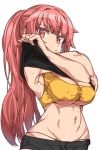  armpits black_panties bra breasts cleavage covered_nipples erere girls_frontline groin large_breasts long_hair looking_at_viewer navel ntw-20_(girls_frontline) panties parted_lips pink_eyes pink_hair shorts simple_background solo sports_bra sweat underboob underwear very_long_hair white_background yellow_bra 
