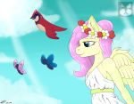  arthropod avian bird butterfly clothed clothing daddy_pone equine flower fluttershy_(mlp) fully_clothed horse insect mammal my_little_pony plant sky_background 