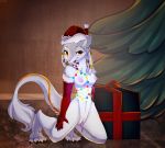  anthro belly big_clitoris breasts candy christmas clitoral_hood clitoris clothing elvche female food gift gloves hat holidays long_tail nipples paws prehensile_clitoral_hood pussy santa_hat sergal 