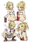  :d aqua_eyes bikini black_legwear blonde_hair braid breasts cleavage cola fang fate/apocrypha fate/grand_order fate_(series) flying_sweatdrops groin jewelry kneehighs loafers long_hair looking_at_viewer midriff mordred_(fate) mordred_(fate)_(all) mordred_(swimsuit_rider)_(fate) nakatokung navel necklace open_mouth ponytail red_bikini school_uniform serafuku shoes simple_background small_breasts smile squatting swimsuit teeth translated white_background 